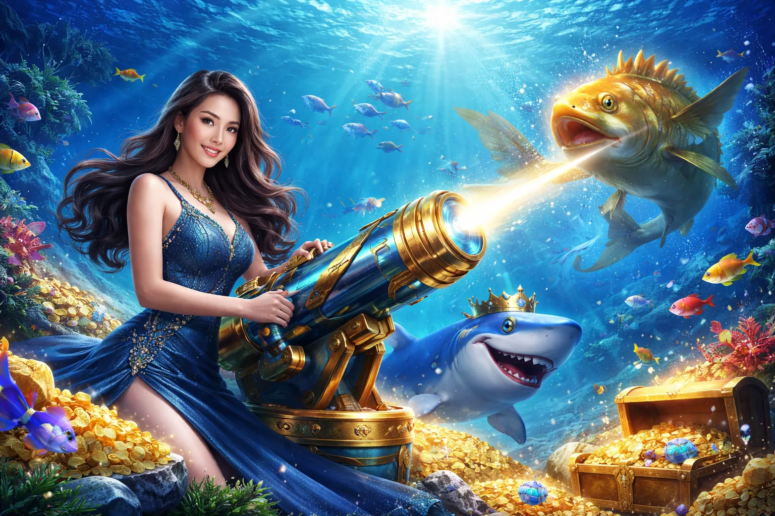 Hình ảnh trò chơi Bắn cá 8kbet cc với nhiều loại cá và pháo đài